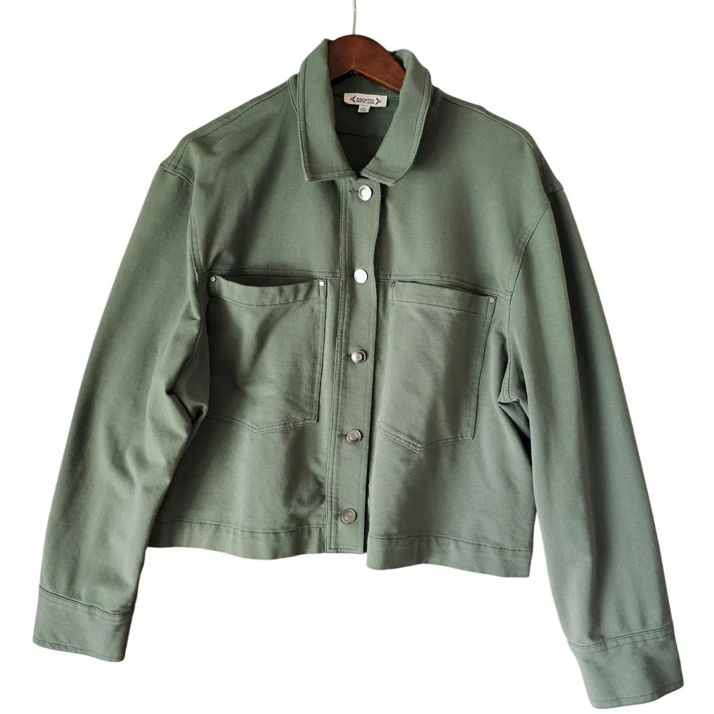 Nanette Lepore Olive Green Button Front Cotton Blend Utility Jacket Knit Size XL